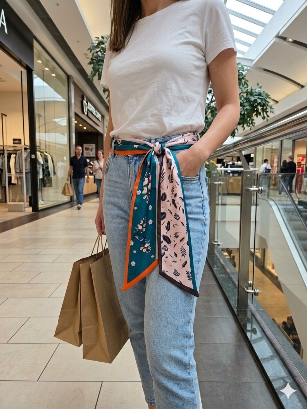 Floral & Leaf Long Scarf - Teal, Pink, Black Accents